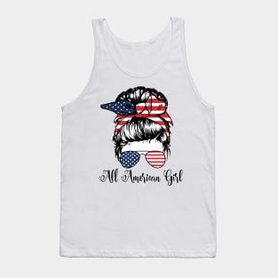 All American Girl 4th Of July Women Messy Bun USA Flag Tank Top